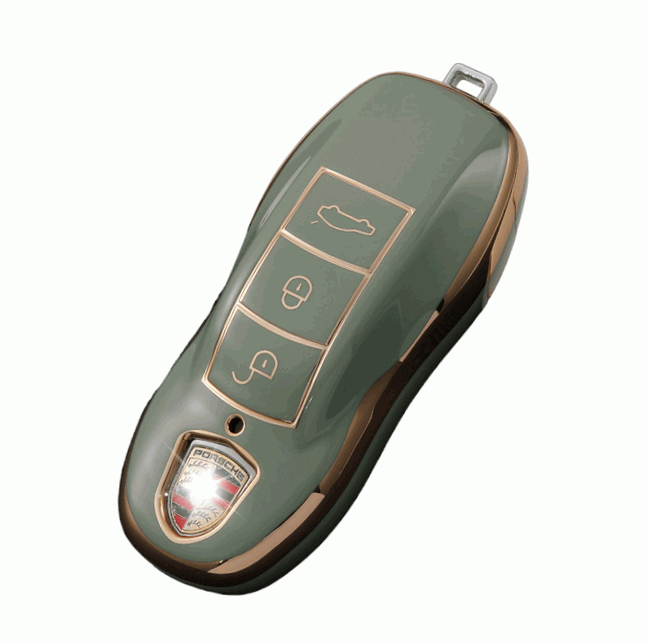 Porsche key fob cover (2010-2018) Gold trim design- 911, Cayenne, Macan, Panamera. green