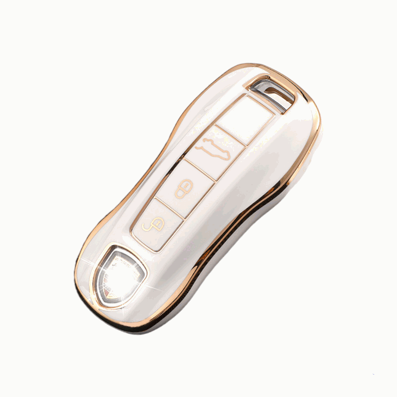 Porsche key fob cover (2018+) Gold Trim - 911, Cayenne, Macan, Panamera. white