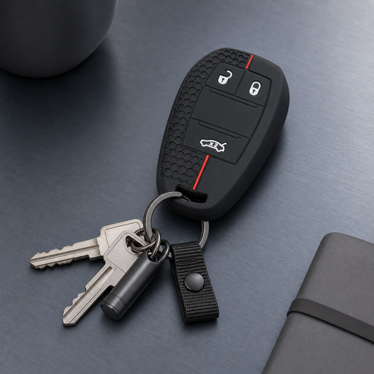 Alfa Romeo silicone key cover with attached keys in a brushed metal lifestyle setting