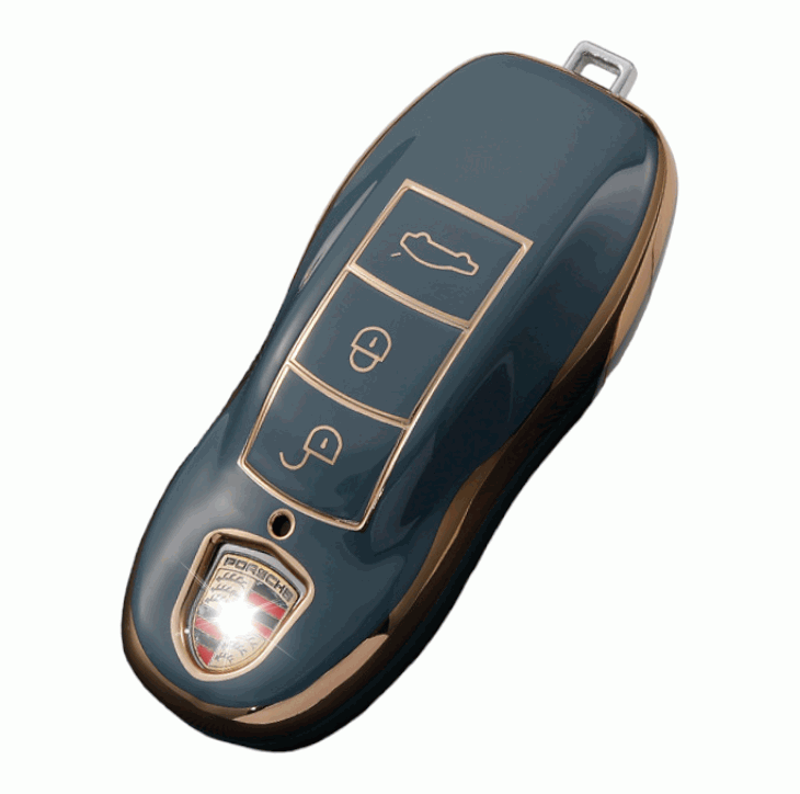 Porsche key fob cover (2010-2018) Gold trim design- 911, Cayenne, Macan, Panamera. blue