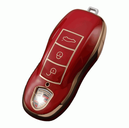 Porsche key fob cover (2010-2018) Gold trim design- 911, Cayenne, Macan, Panamera. red