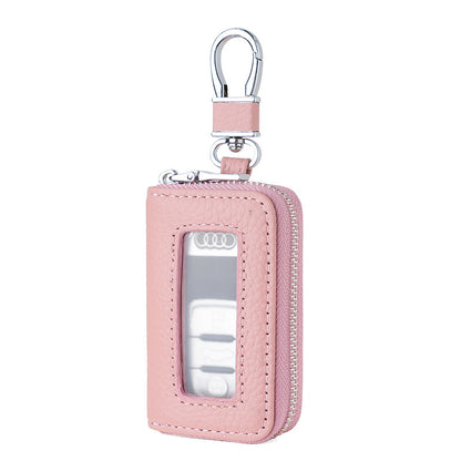Universal PU Leather Car Key Holder with Window - Keychain Case for Vehicle Remote