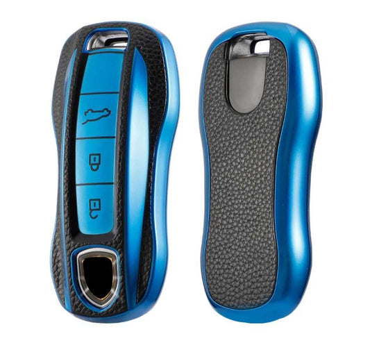 Porsche key fob cover (2018+) Leather Design - 911, Cayenne, Macan, Panamera. blue